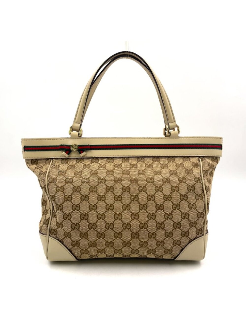 Gucci Mayfair GG Canvas Leather Off White Beige Tote Bag Gold